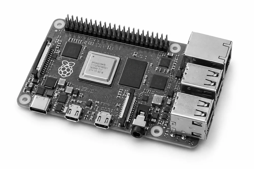 Generated monochrome illustration of a Raspberry Pi 4 Model B
